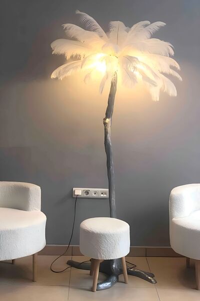 VİSENTE HOME Lambader Deve Kuşu Tüy Krom Ayaklı