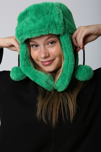 Luminos Butik Green Plush Hat - Beanie with Pompom and Fur, Headphones Beanie1103