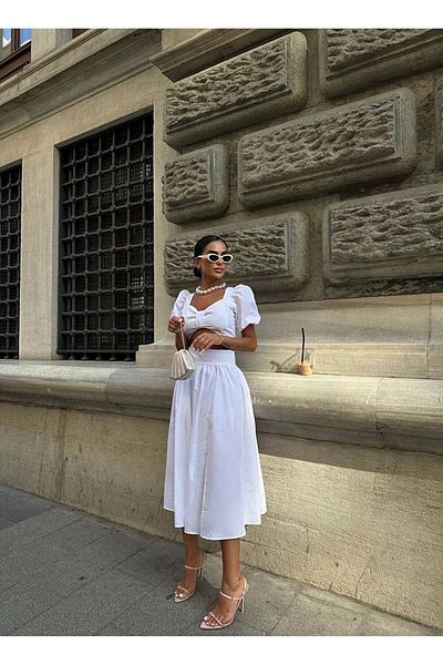 NEW JOURNAL Λευκό μανίκι μπαλόνι από ποπλίνα Midi Crop Top και φούστα με σκίσιμο - Ely- 100015574