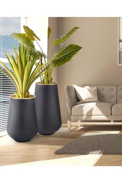 KOCHERHOME Saksı Siyah Gold 70 X 40 cm 60x40 İkili Set