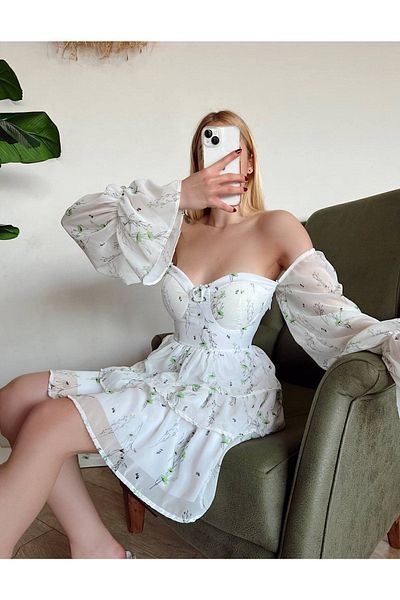 MY BELLA BUTİK Minimal Floral Pattern Chiffon Dress