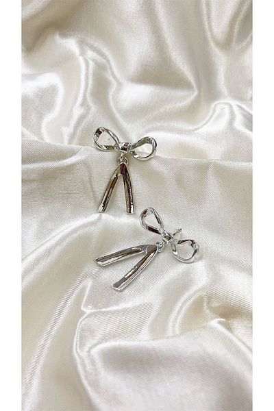 Eylülün Takısı Long Dangle Silver Bow Earrings