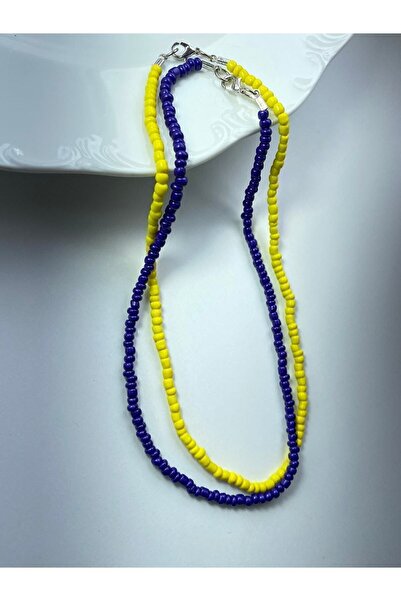 DERYA قلادة نسائية من الخرز باللون الأصفر والأزرق الداكن