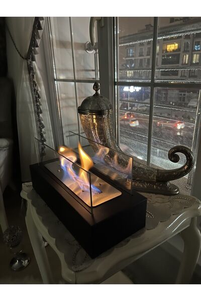 Lampello Masaüstü Şömine, Yakıt Ve Taş Hediyeli Mobilya Üstü Siyah Metal