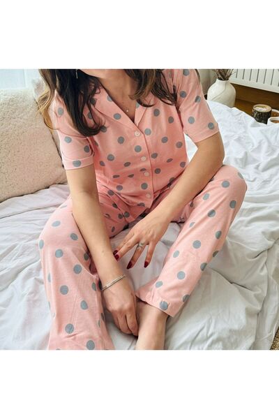 Moda Clubu Women's Short Sleeve Cotton Pajama Set with Salmon Polka Dots