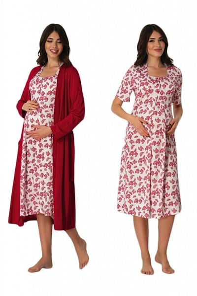 HAMİLE ÇARŞISI Effortt 8015 Maternity Nightgown with Cherry Dressing Gown