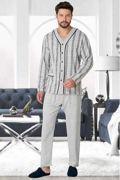 By Mecit Pijama Σετ ανδρικής πιτζάμες με κουμπιά μπροστά, φθινόπωρο-χειμώνα, 100% βαμβάκι