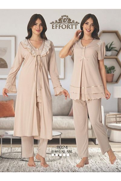 Effortt Women's Beige Pattern Maternity 3-Piece Set with Dressing Gown