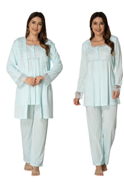 Effortt Set pijamale de maternitate turcoaz cu halat de toaletă