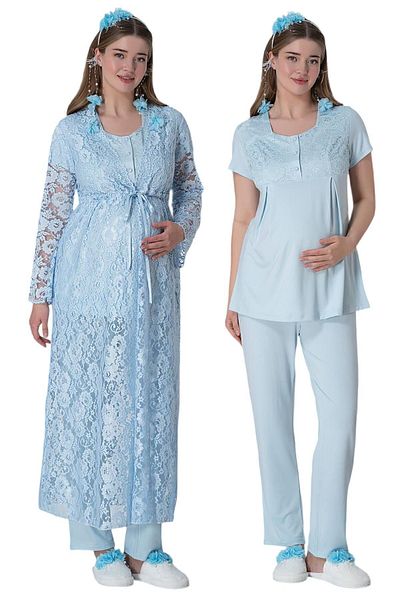 ByLohusa Set pijamale din dantela albastra si halat pentru Maternitate si Hamie