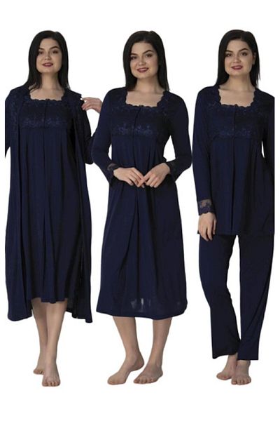 Effort Pijama Effort Navy Blue Maternity Pajamas Nightgown Set with Dressing Gown 2405