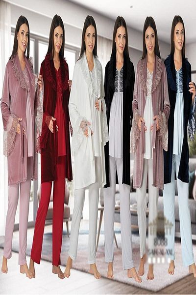 Effort Pijama Zerre Bebe Women's Plum Velvet White Maternity Pajamas Set with Dressing Gown 8088