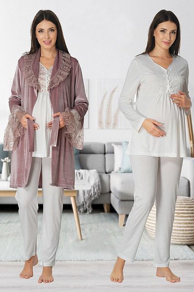 Effort Pijama طقم بيجامة للحوامل من Zerre Bebe باللون الوردي المغبر مع ثوب صباحي 8088