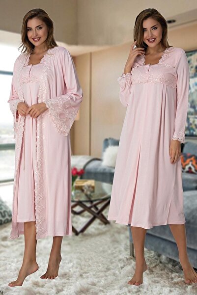 Effort Pijama Zerre Bebe 7015 Жіночий рожевий комплект нічної сорочки з мереживом для породіль