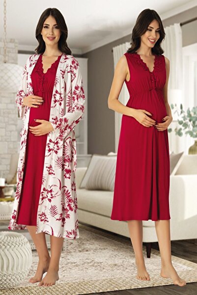 Effortt Mayss Collections 8035 Cherry Color Maternity Nightgown Set with Dres...
