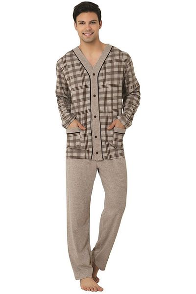 Mecit Pijama Ανδρικό Σετ Πιτζάμες Καφέ Μπροστινό Κουμπί Μεγάλο Μέγεθος 2710.
