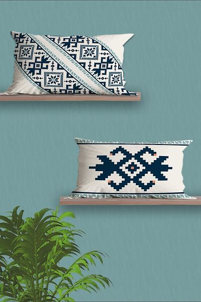 Belle Benoit Set husă de pernă dreptunghiulară 30x50, 2 bucăți, imprimată pe două fețe, cu design albastru, alb