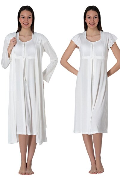 ByLohusa Set cămașă de noapte pentru maternitate Effortt Ecru cu halat de toa...