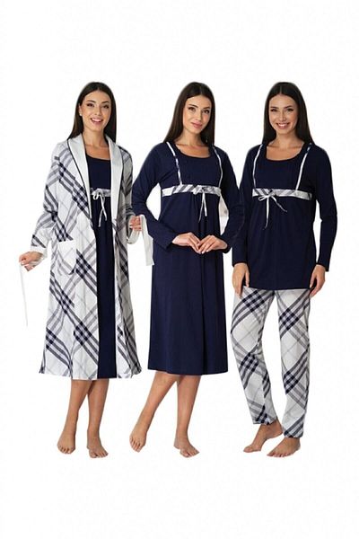 HAMİLE ÇARŞISI Effortt Navy Blue Maternity Pajamas Nightgown Set with Dressing Gown 8086