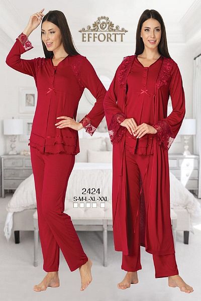 Effortt Women's Cherry Long Lace Maternity Pajamas Set with Dressing Gown 2424
