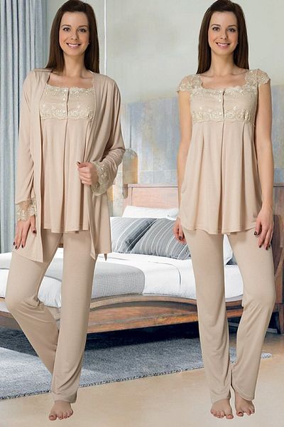 Effort Pijama طقم بيجامة للحوامل باللون البيج من Zerre مع ثوب نوم 2301