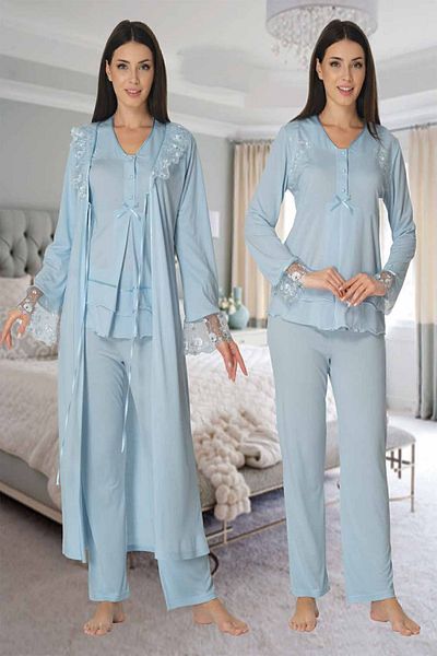 Effortt Blue Maternity Pajama Set with Dressing Gown