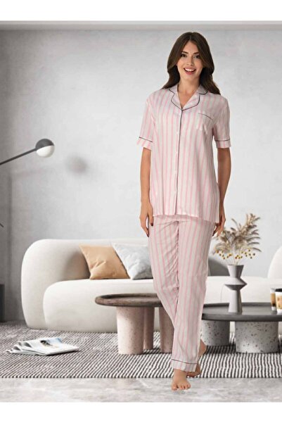 Effortt Mayss Collections 8065 Σετ Πιτζάμες με Ροζ Χρώμα Ριγέ Μπροστινό Κουμπί