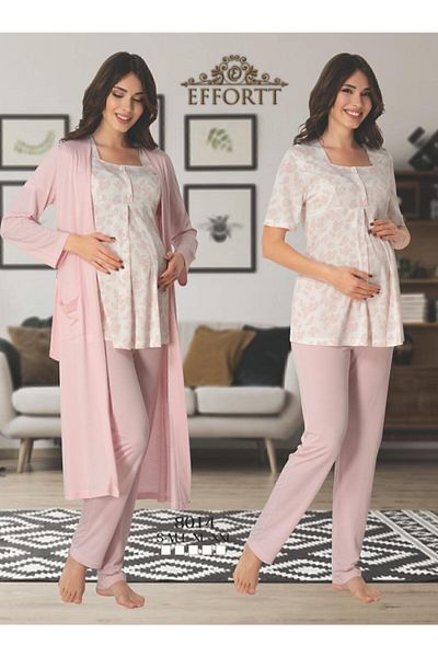 Effortt Women's Pink Pattern Maternity 3-Piece Set with Dressing Gown