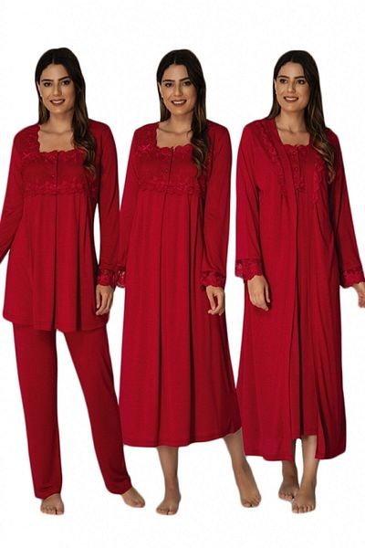HAMİLE ÇARŞISI Women's Cherry Dressing Gown Long Sleeve Maternity Pajamas Nightgown Set 2405