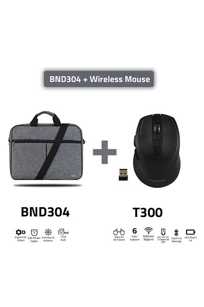 Classone Bnd304-t300 - كمبيوتر محمول بشاشة 15.6 بوصة من سلسلة Eco، حقيبة يد للكمبيوتر المحمول - أسود + ماوس لاسلكي T300