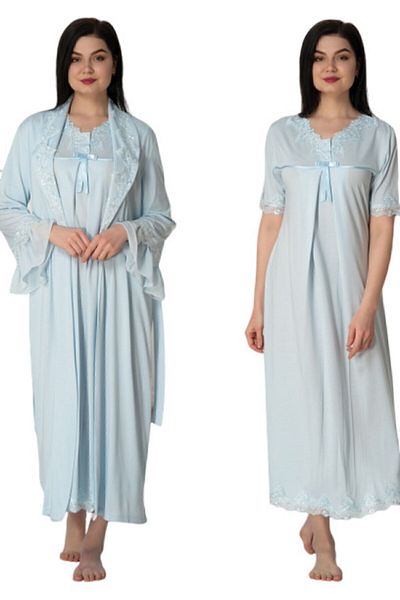 Effort Pijama Set cămașă de noapte cu mânecă scurtă pentru maternitate, albastră, cu halat