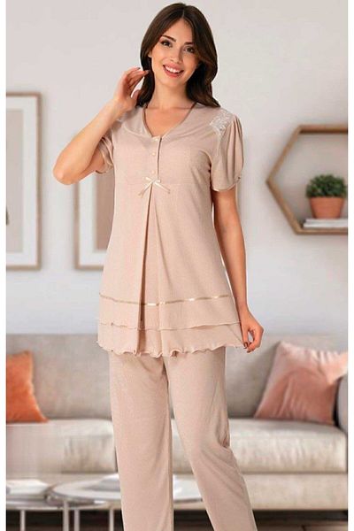 Effort Pijama Γυναικείο Milk Coffee Σετ Πιτζάμες εγκυμοσύνης με κρυφό Θηλασμό Effortt 8022