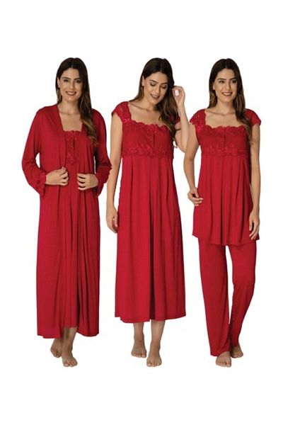 Effort Pijama طقم ثوب نوم و ثوب صباحي للحوامل موديل 2305 - أحمر كرزي