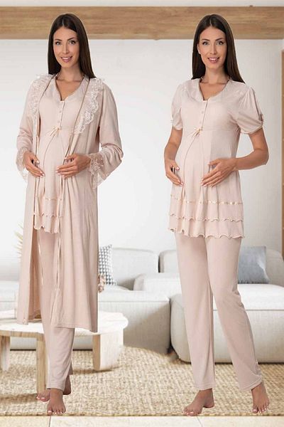 Effortt Mayss Collections 8024 Mink Color Maternity Pajamas Set with Dressing Gown