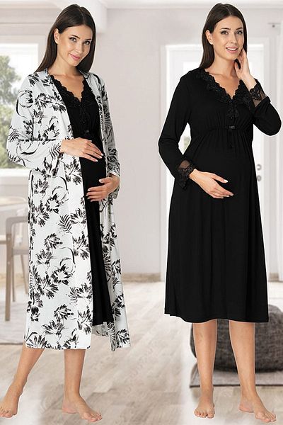 Effort Pijama Zerre Bebe Set cămașă de noapte neagră cu mânecă lungă pentru maternitate pentru femei