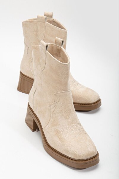 She Beige Suede Short Western Cowboy Boots - Thick Non-Slip and Embroidery Detail