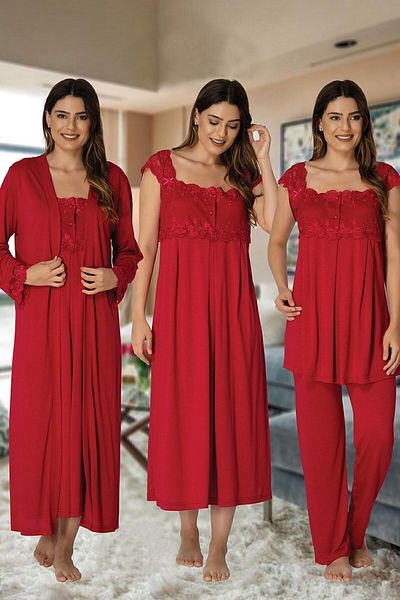 Effort Pijama Cherry Lace Cotton Dressing Gown Pajamas Set for Pregnant and Maternity - Nightgown Set of 4