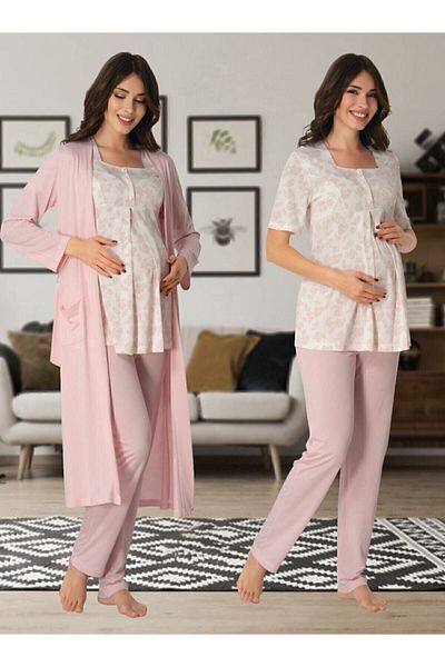 Effort Pijama Pink Maternity Pajamas and Dressing Gown Set - Short Sleeve Patterned Effort 8014