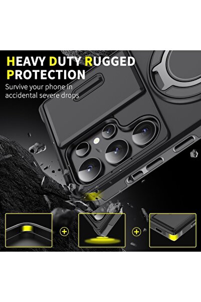 Deppo Trend Samsung Galaxy S22 Ultra Uyumlu Kılıf Kamera Korumalı Sürgülü 360 Dönebilen Magsafe Stand Tank Kapak