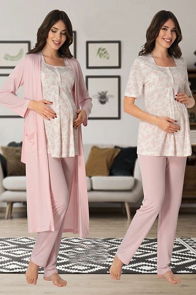 ByLohusa Effortt Pink Maternity Pajama Set with Dressing Gown