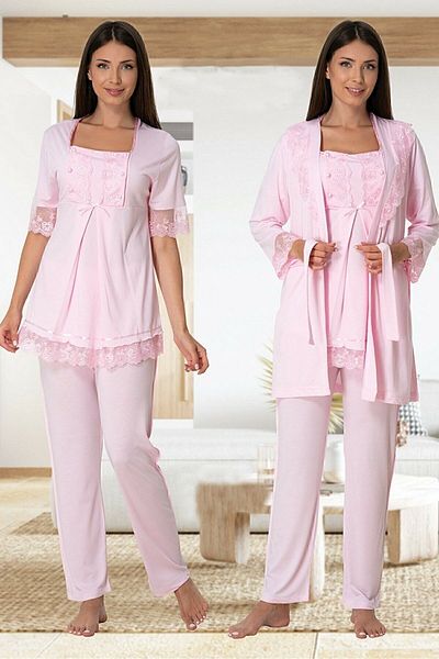 Effortt Mayss Collections 6034 Pink Maternity Pajamas Set with Breastfeeding Feature and Dressing Gown