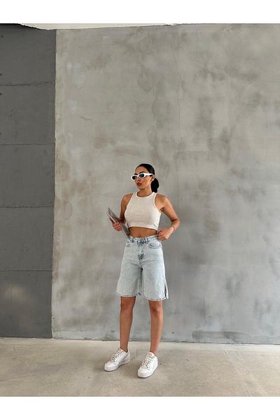 Zeo Basic PANTOR scurți din denim cu fante din lateral