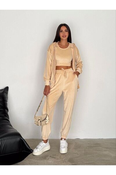 SUSEEMODA Üçlü Kadife Eşofman Takımı Bej