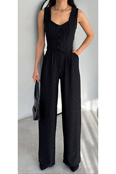 Genel Markalar Blackseasonn Çizgili Palazzo Pantolon Yelek Takım