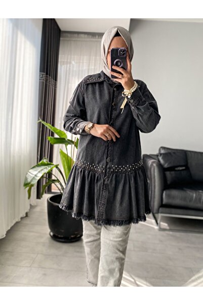 SARE BOUTIQUE Fırfırlı Taş Çakma  detaylı Tesettür Kot ceket gömlek