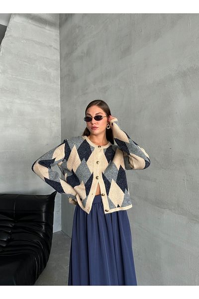 Laluvia Beige-Grey-Navy Blue Baklava Cardigan - Self-Strapped