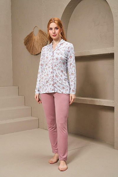 PJS 25152 Set de pijamale cu model, cu mânecă lungă, cu nasturi, cu guler