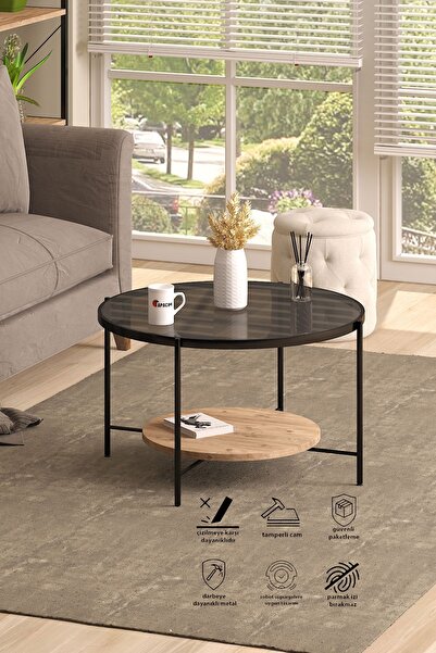 Pinkcloset Oslo Orta Sehpa , Yan Sehpa Füme Cam , Çam Alt