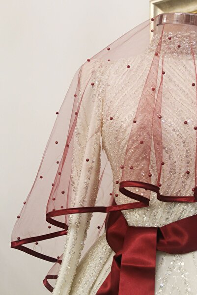 Alvinia Gelin Kına Duvağı Bordo, Biyeli Incili Duvak, Gelin Kına Duvak Seti Kına Örtüsü