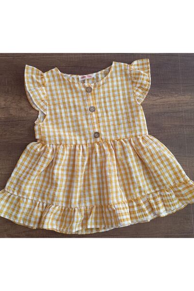 Kids فستان بناتي بأكمام قصيرة منقوش باللون الأصفر - Er Giyim